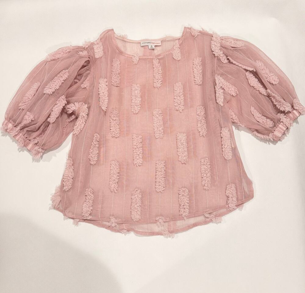 Yuni Los Angeles Sheer Blush Pink Textured Puff Sleeve Blouse Boho Top Small